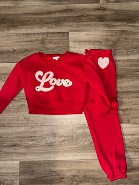 Red 'Love' Two-Piece Sweat Set with Heart Patch